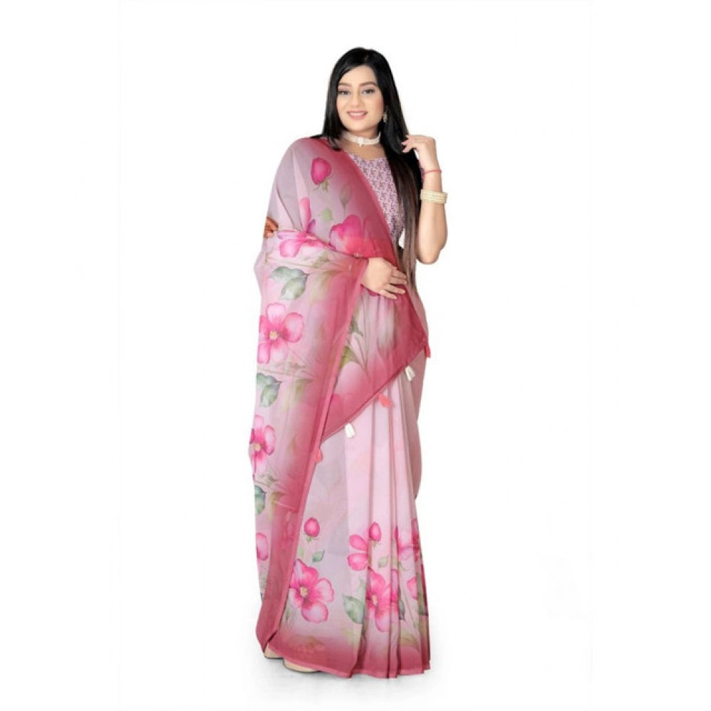 Amfyn Women's Georgette Floral Printed Saree With Unstitched Blouse 5.5Mtr (Rose Pink)