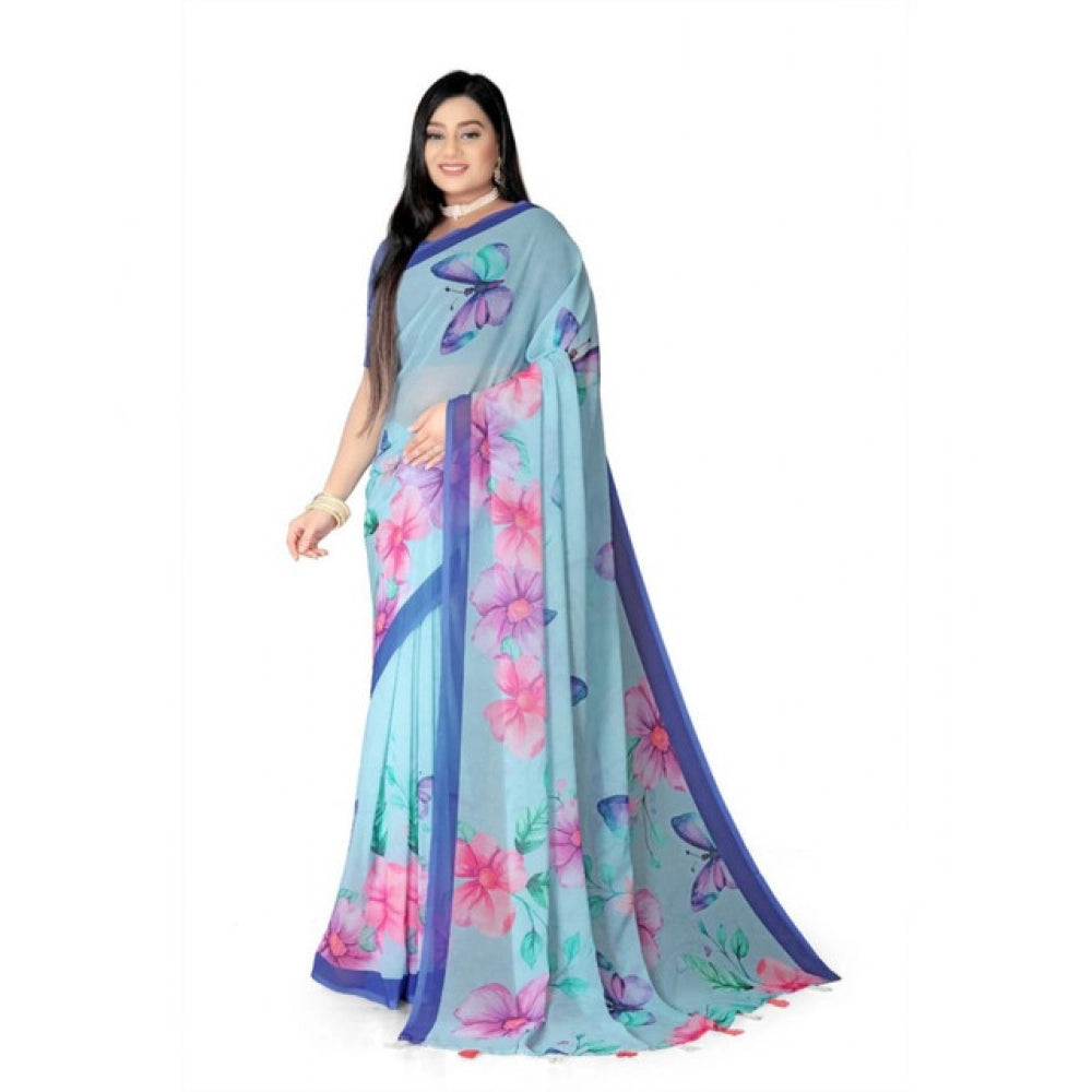 Amfyn Women's Georgette Floral Printed Saree With Unstitched Blouse 5.5Mtr (Blue)