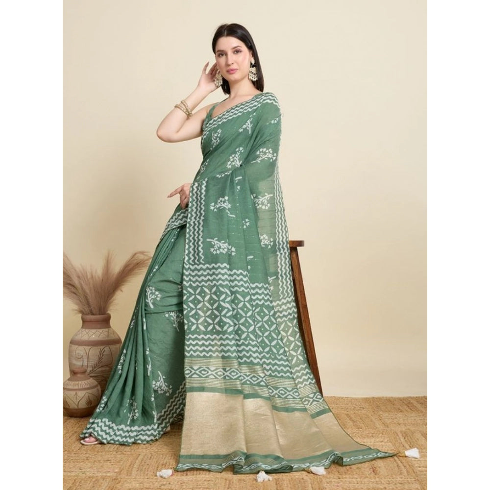Amfyn Women's Semi Cotton Printed Saree With Unstitched Blouse 5.5Mtr (Green)