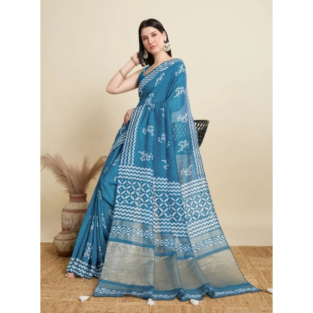 Amfyn Women's Semi Cotton Printed Saree With Unstitched Blouse 5.5Mtr (Sky-Blue)