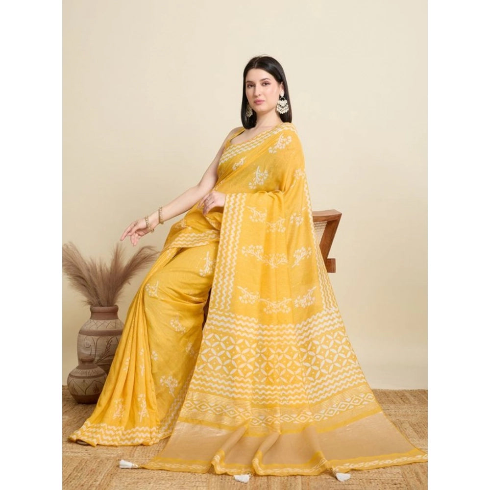 Amfyn Women's Semi Cotton Printed Saree With Unstitched Blouse 5.5Mtr (Yellow)
