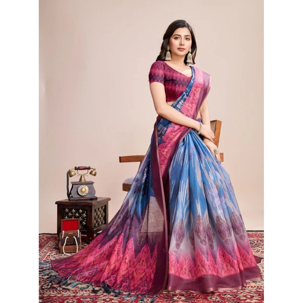 Amfyn Women's Semi Cotton Digital Print Saree With Unstitched Blouse 5.5Mtr (Blue)