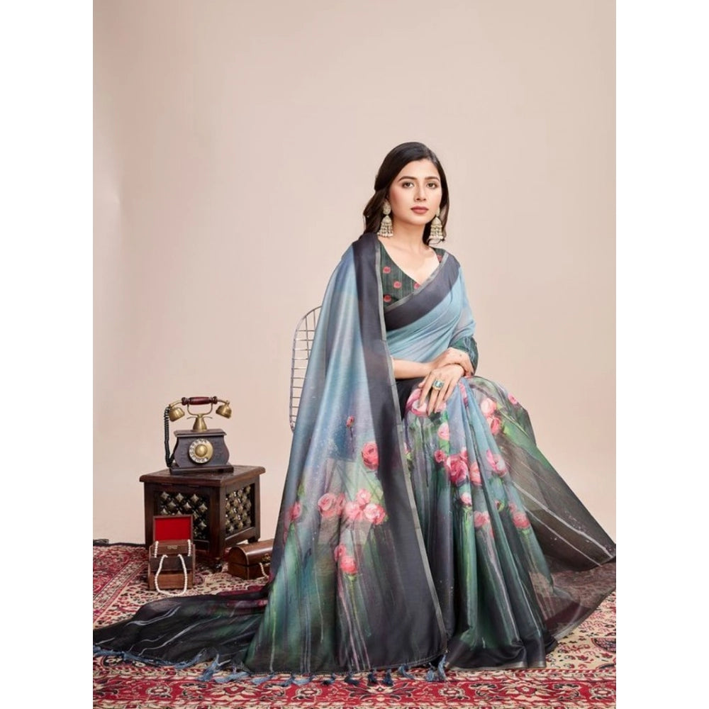 Amfyn Women's Semi Cotton Digital Print Saree With Unstitched Blouse 5.5Mtr (Green)