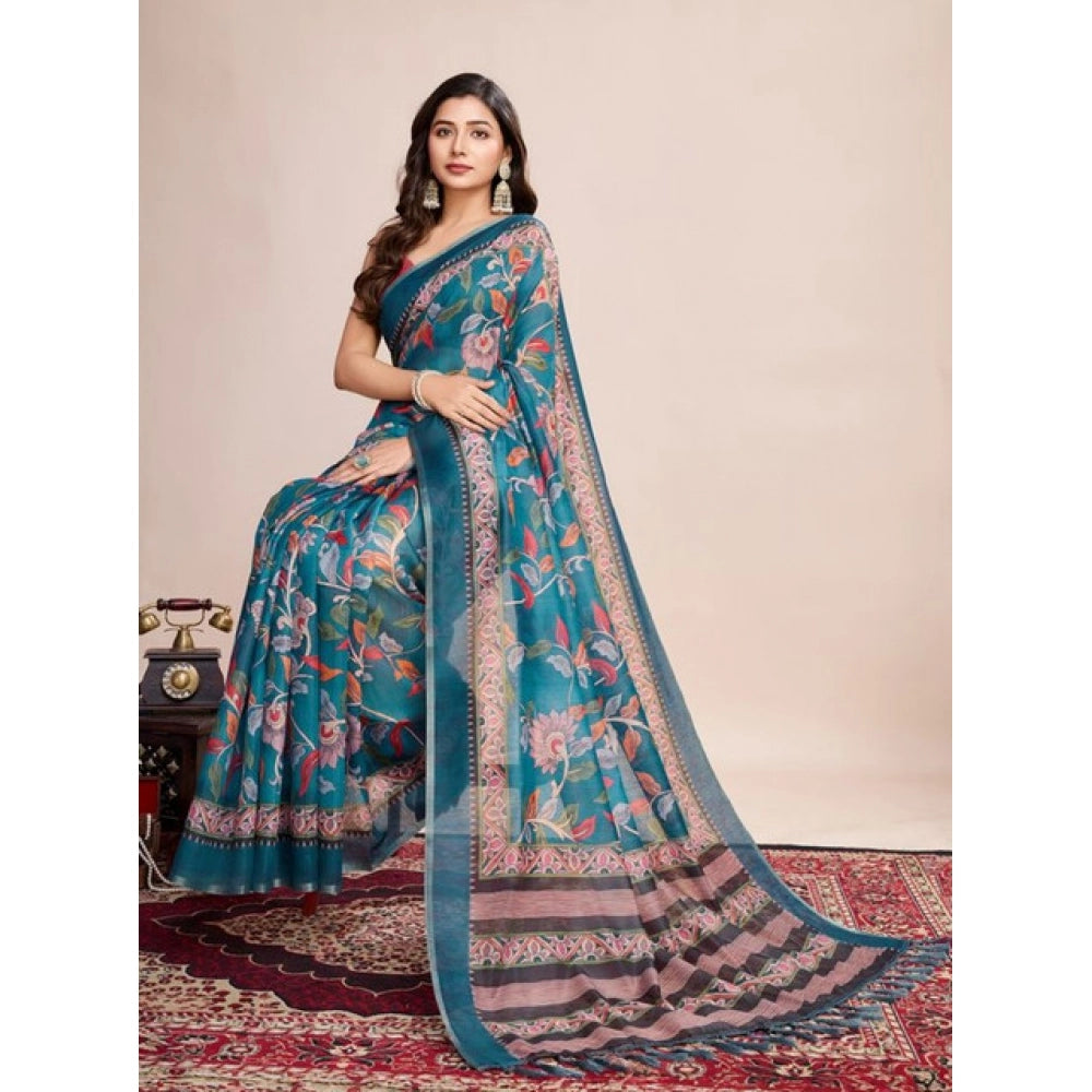 Amfyn Women's Semi Cotton Digital Print Saree With Unstitched Blouse 5.5Mtr (Teal)