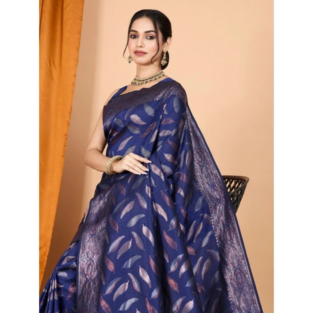Amfyn Women's Soft Silk Jacquard Saree With Unstitched Blouse 5.5Mtr (Navy Blue)