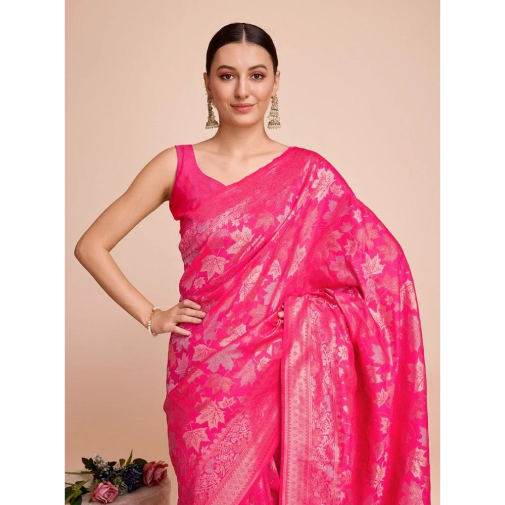 Amfyn Women's Soft Silk Jacquard Saree With Unstitched Blouse 5.5Mtr (Pink)