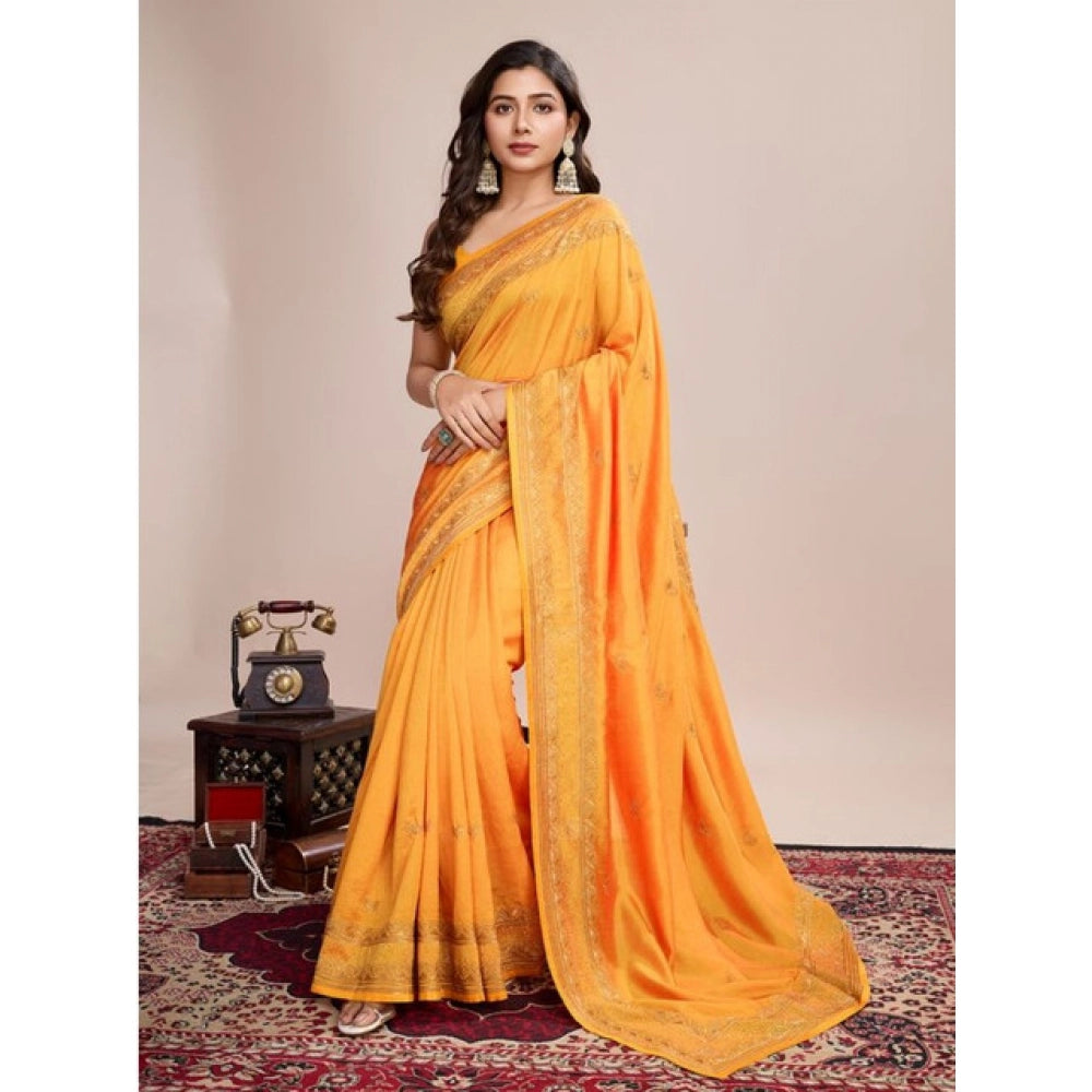 Amfyn Women's Vichitra Silk Embroidery Work Saree With Unstitched Blouse 5.5Mtr (Mustard)
