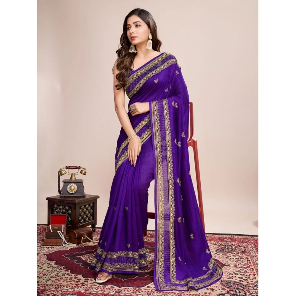Amfyn Women's Vichitra Silk Embroidery Work Saree With Unstitched Blouse 5.5Mtr (Purple)