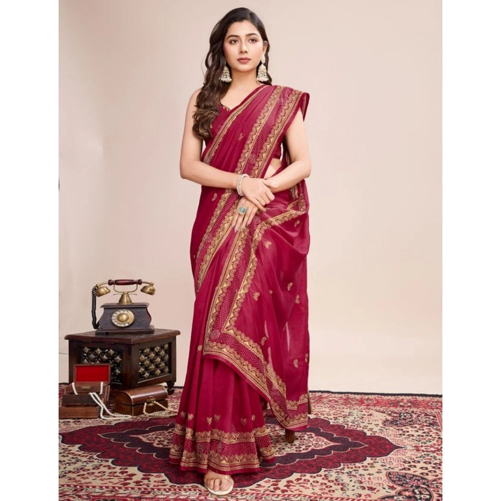 Amfyn Women's Vichitra Silk Embroidery Work Saree With Unstitched Blouse 5.5Mtr (Red)