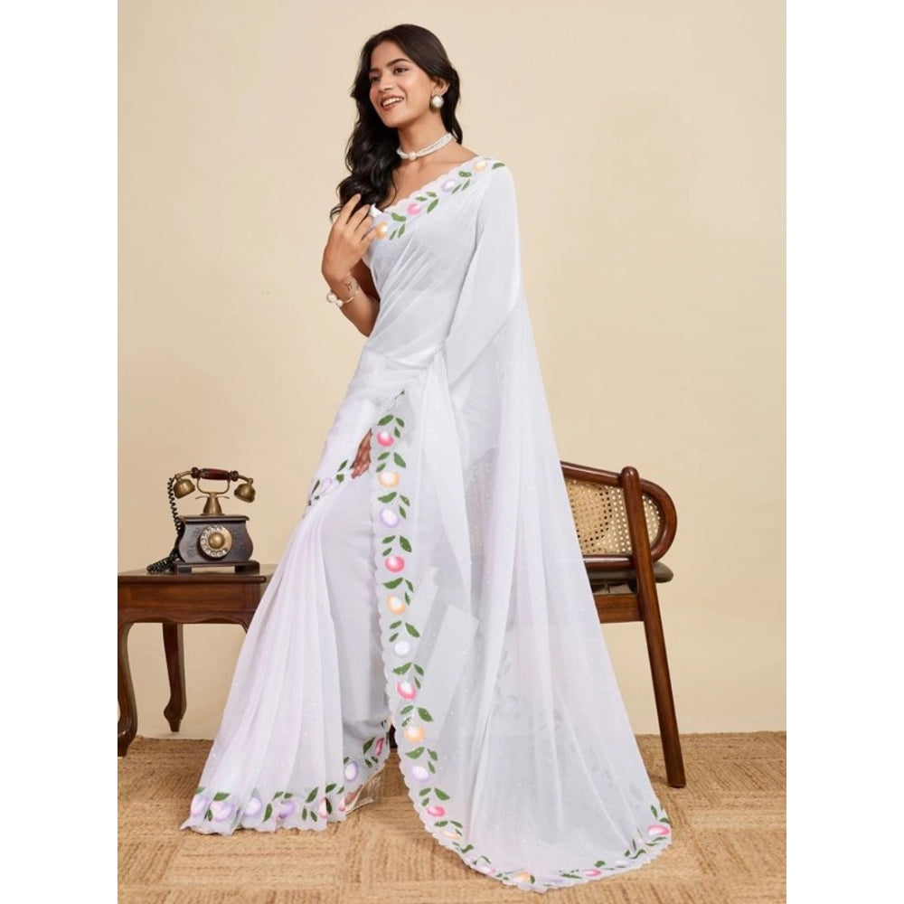 Amfyn Women's Georgette Printed Saree With Unstitched Blouse 5.5Mtr (White)