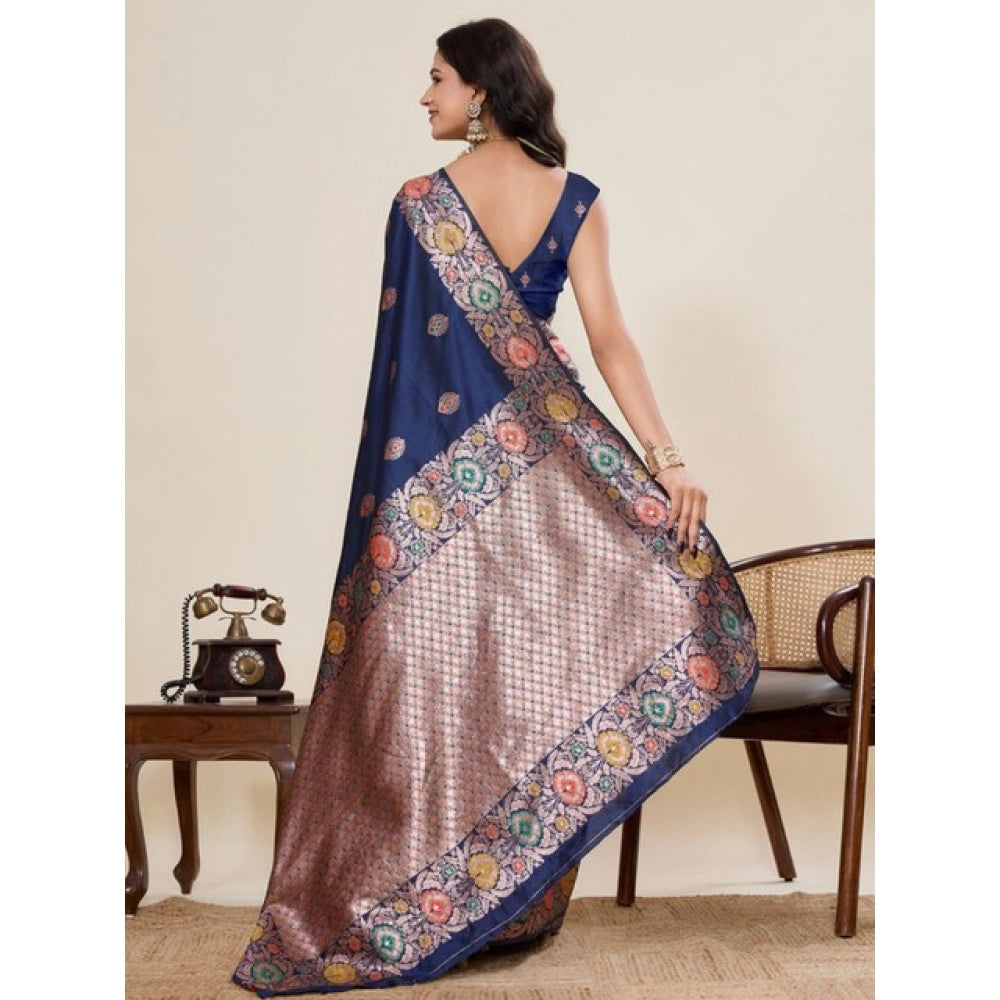 Amfyn Women's Faux_Banarasi_Silk Woven Saree With Unstitched Blouse 5.5Mtr (Navy_Blue)