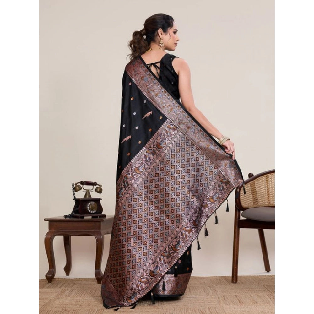 Amfyn Women's Jacquard Woven Saree With Unstitched Blouse 5.5Mtr (Black)