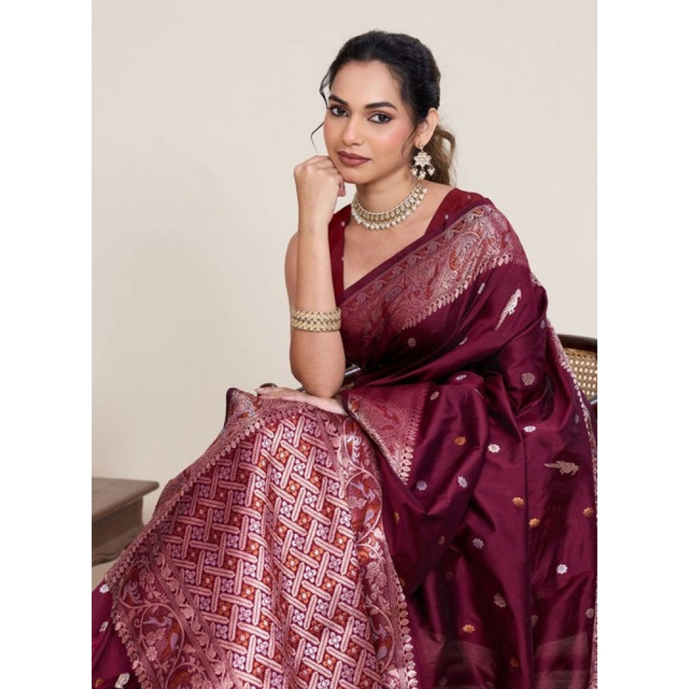 Amfyn Women's Jacquard Woven Saree With Unstitched Blouse 5.5Mtr (Maroon)