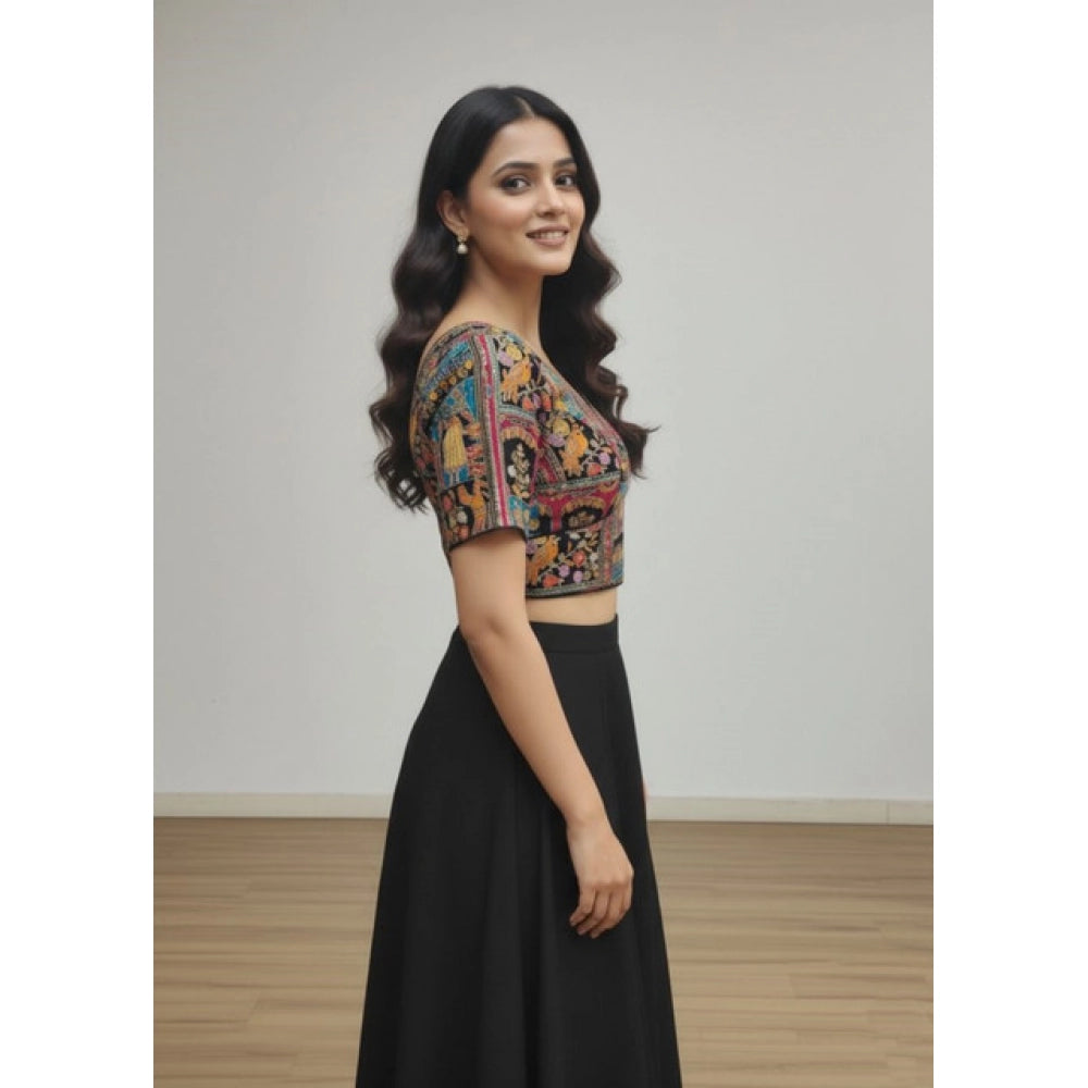 Amfyn Women's Crepe Position Print V Neck Short Sleeve Readymade Blouse (Black 38 Ready , Alterable 36–40)-PID65821