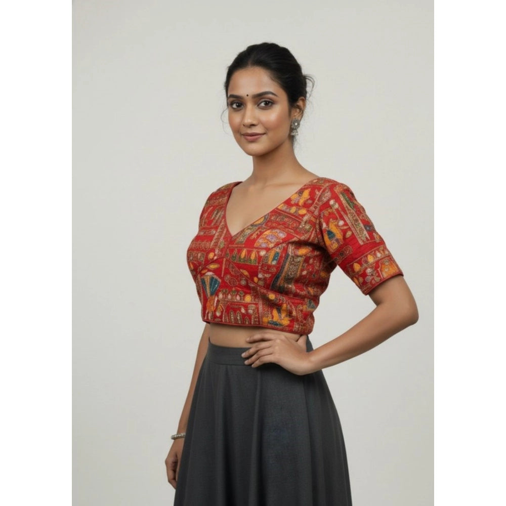 Amfyn Women's Crepe Position Print V Neck Short Sleeve Readymade Blouse (Red 38 Ready , Alterable 36–40)-PID65824