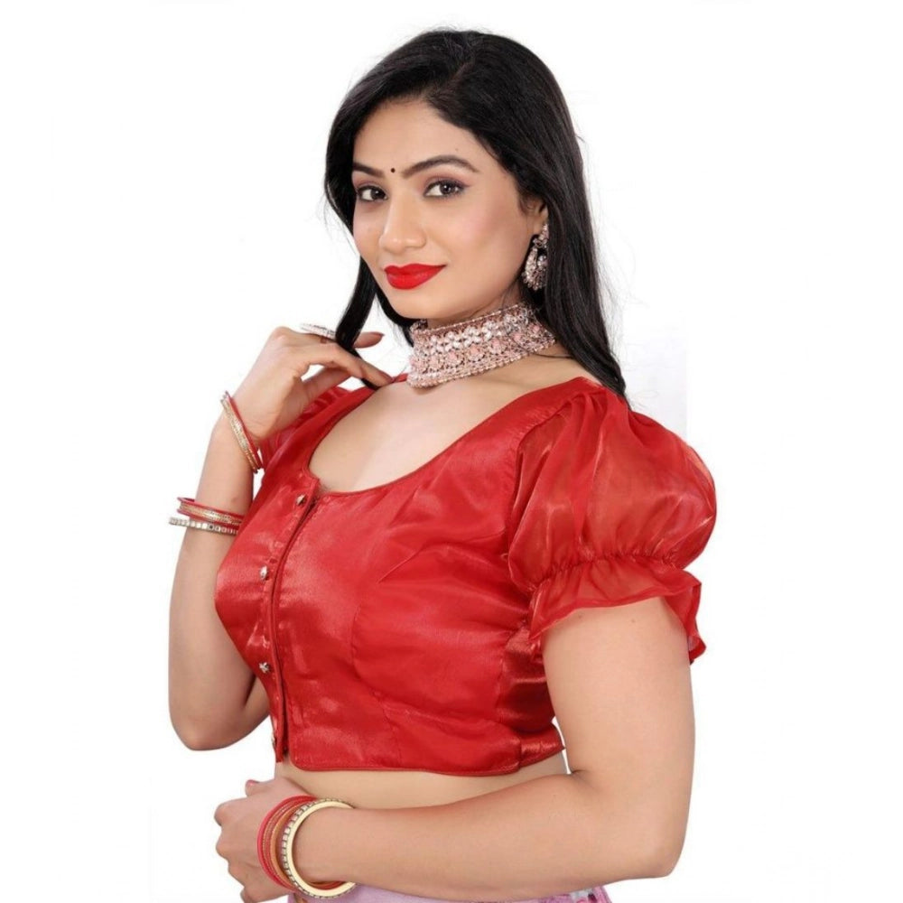 Amfyn Women's Jimmy Solid Designer Neck Elastic Sleeve Readymade Blouse (Red 38 , Alterable up to 42)-PID65834