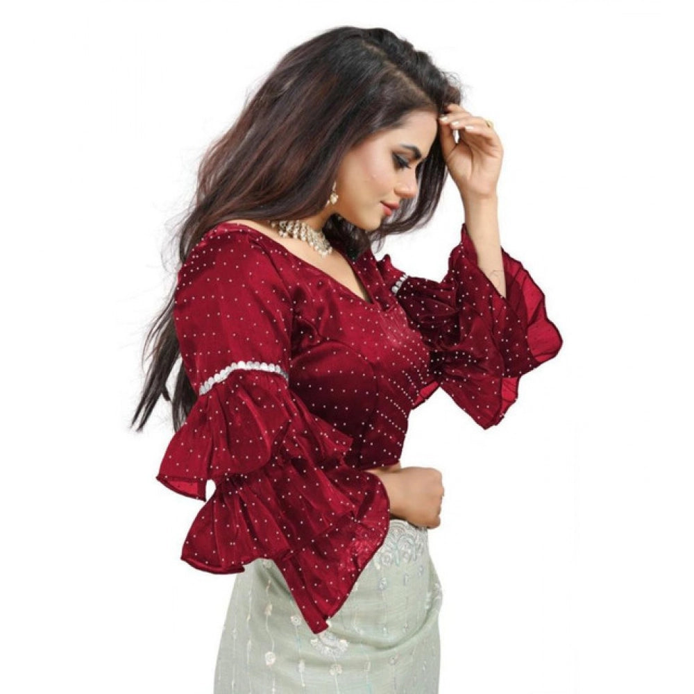 Amfyn Women's Organza Solid V Neck Layered Ruffle Sleeve Readymade Blouse (Maroon Free Size , up to 38–40 Bust)-PID65854