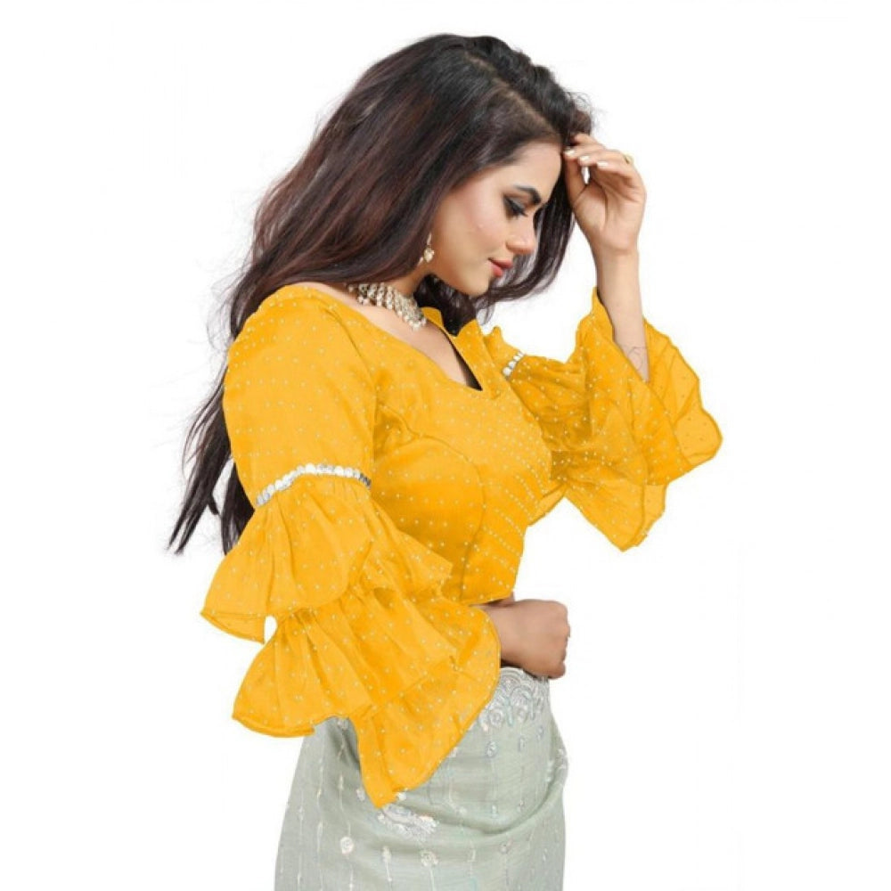 Amfyn Women's Organza Solid V Neck Layered Ruffle Sleeve Readymade Blouse (Yellow Free Size , up to 38–40 Bust)-PID65860