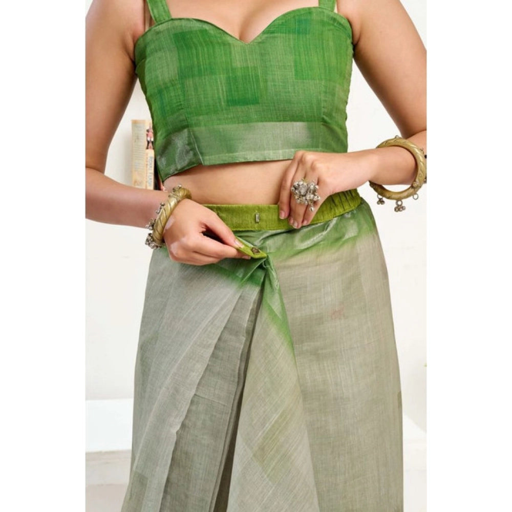 Amfyn Women's Faux Linen Printed Ready to wear Saree With Unstitched Blouse 5.5Mtr (Light_Green)
