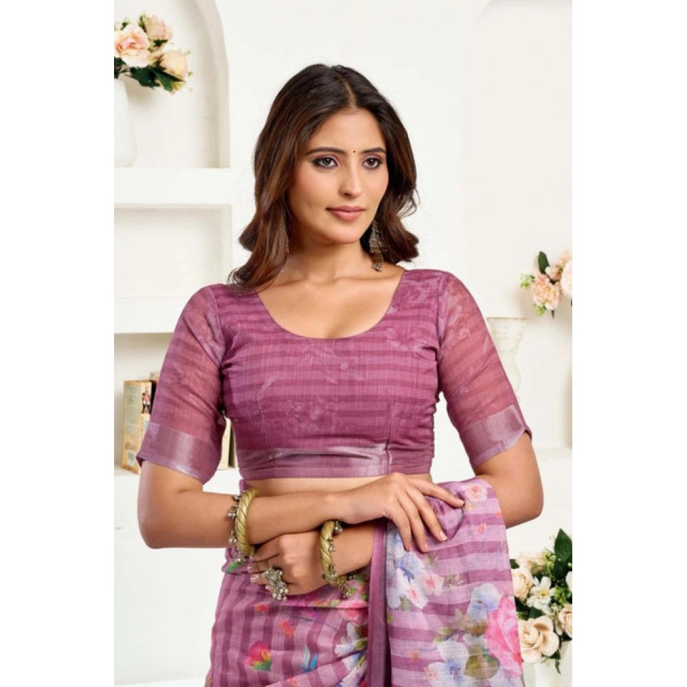 Amfyn Women's Faux Linen Floral Print Ready to wear Saree With Unstitched Blouse 5.5Mtr (Pink)