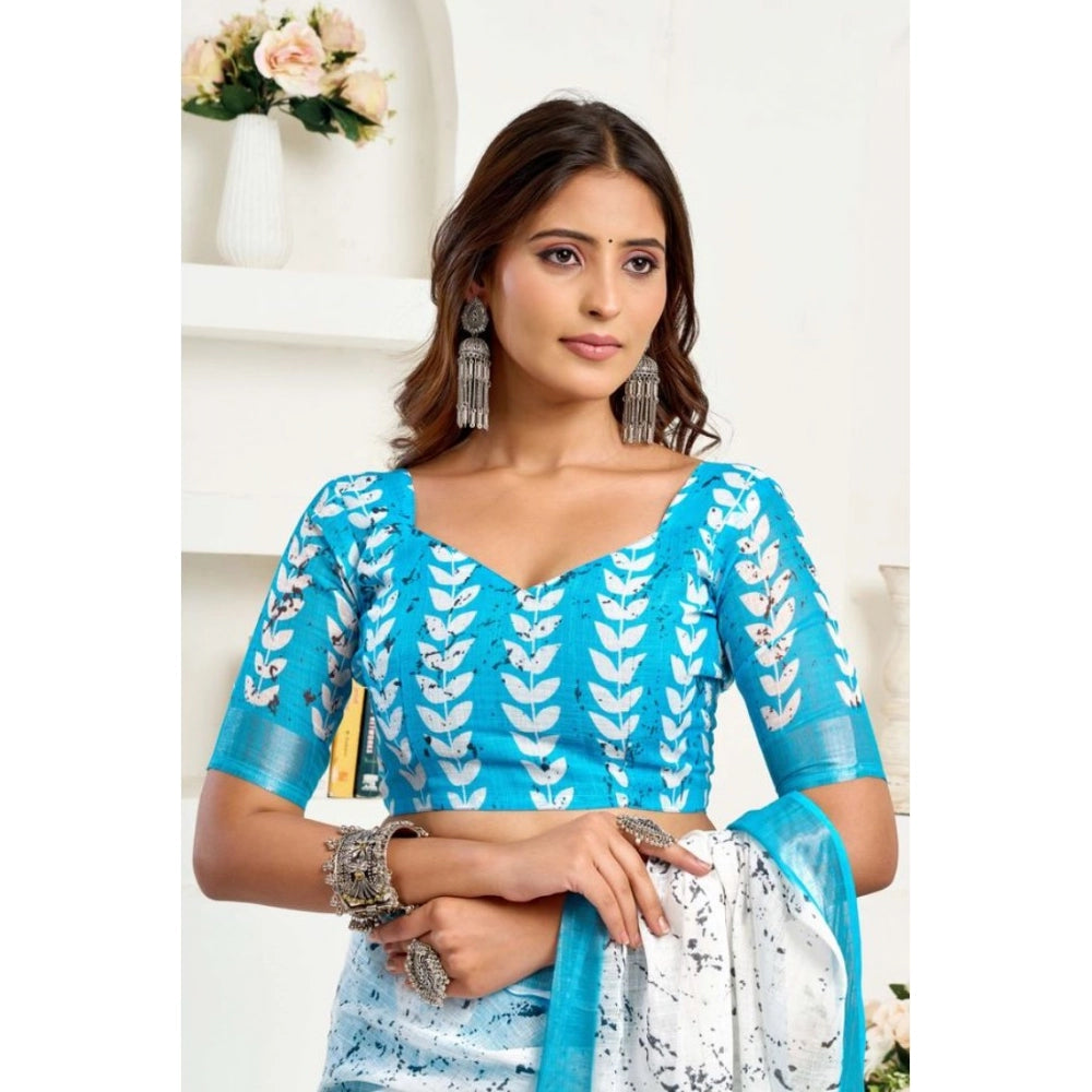 Amfyn Women's Faux Linen Leaf Print Ready to wear Saree With Unstitched Blouse 5.5Mtr (SkyBlue & White)