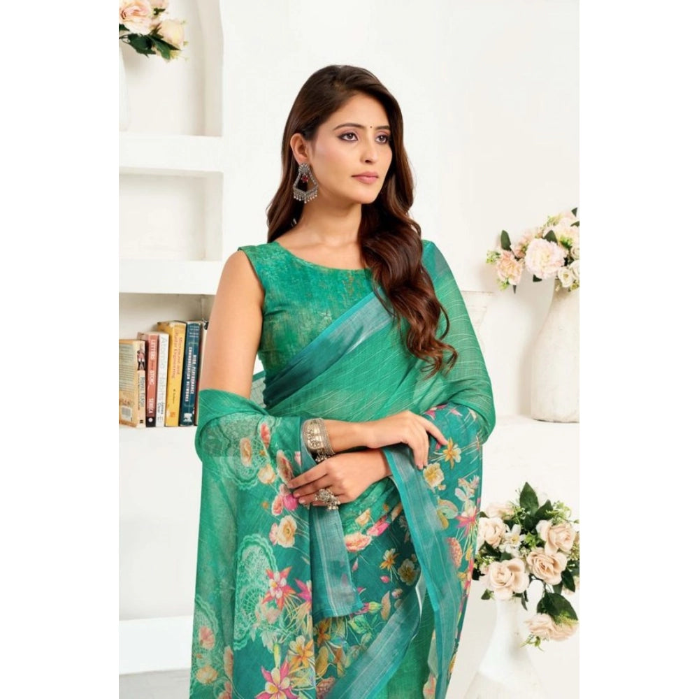Amfyn Women's Faux Linen Floral Ready to wear Saree With Unstitched Blouse 5.5Mtr (Green)