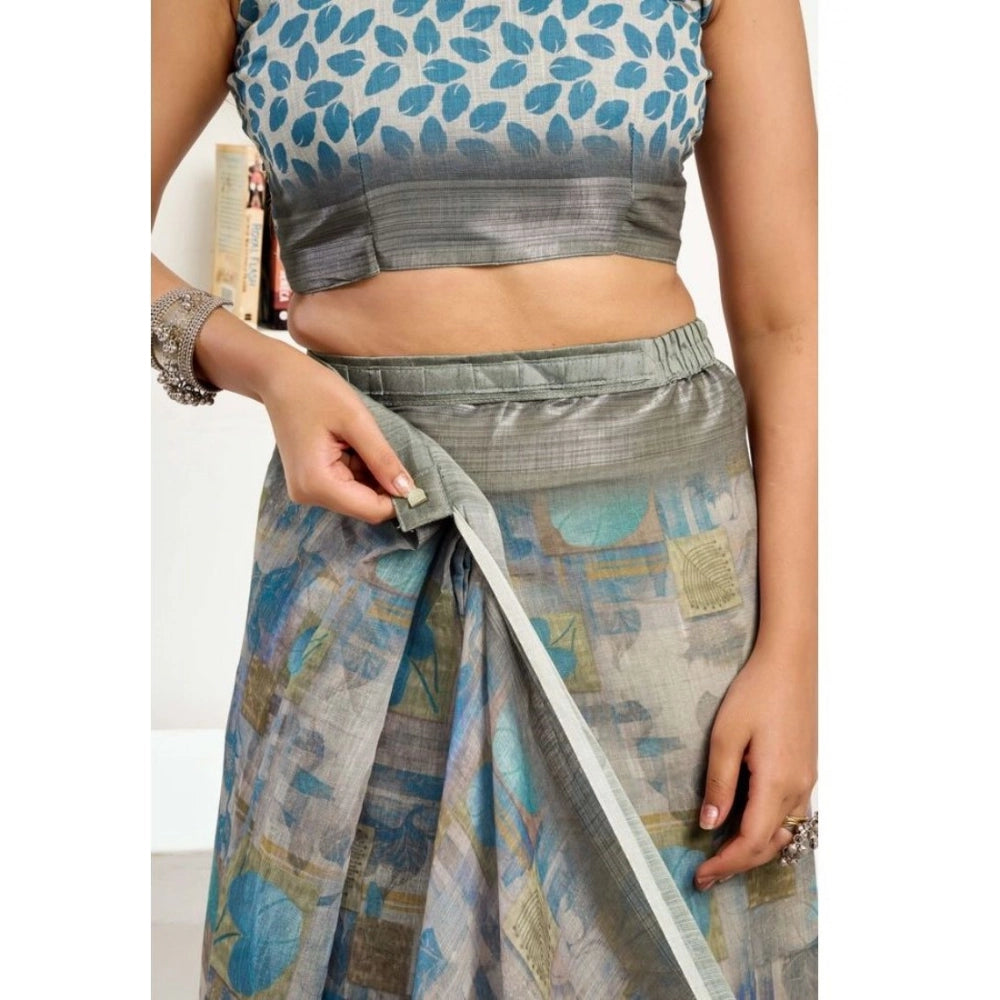 Amfyn Women's Faux Linen Abstract Print Ready to wear Saree With Unstitched Blouse 5.5Mtr (Grey)