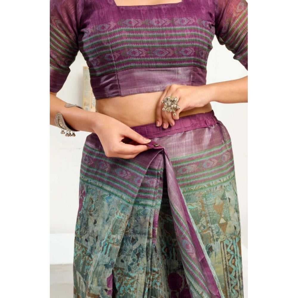 Amfyn Women's Faux Linen Printed Ready to wear Saree With Unstitched Blouse 5.5Mtr (Multicolor)