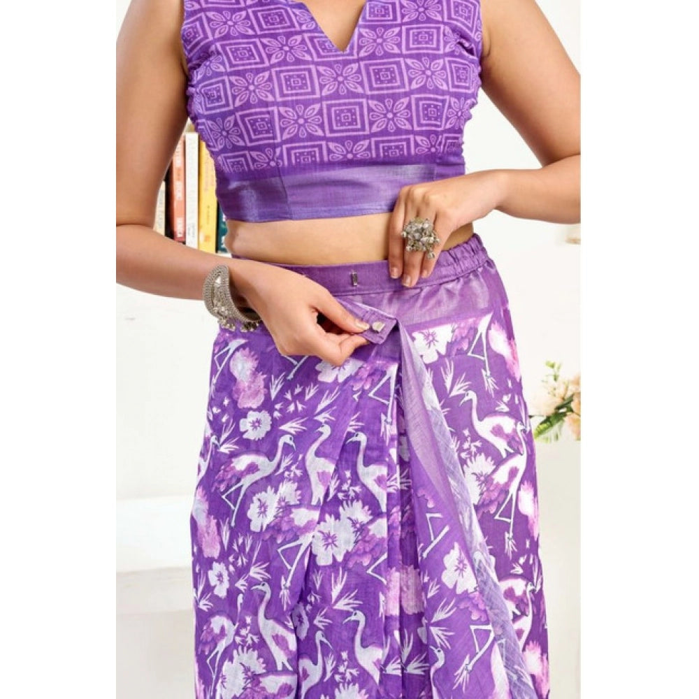 Amfyn Women's Faux Linen Floral Print Ready to wear Saree With Unstitched Blouse 5.5Mtr (Purple)
