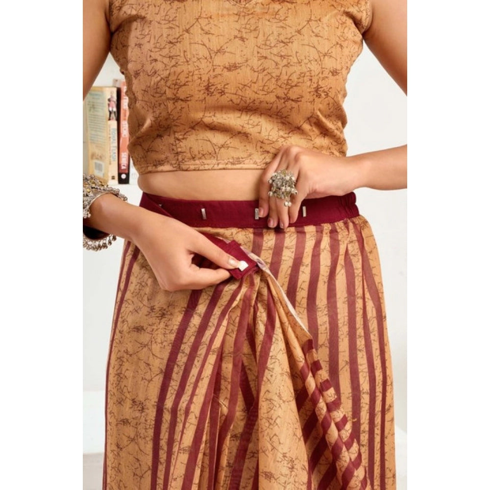 Amfyn Women's Faux Linen Geometric Print Ready to wear Saree With Unstitched Blouse 5.5Mtr (Brown)