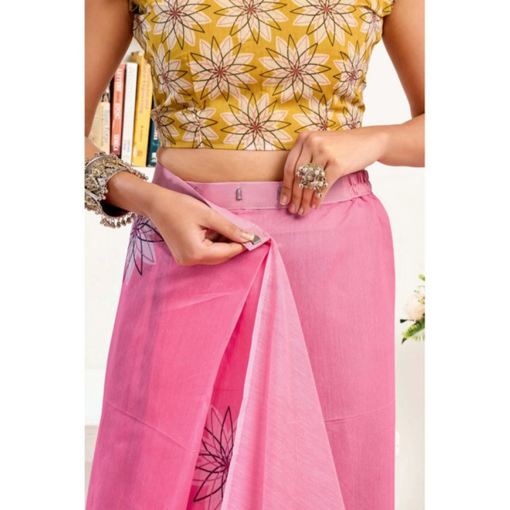 Amfyn Women's Faux Linen Floral Print Ready to wear Saree With Unstitched Blouse 5.5Mtr (Pink)