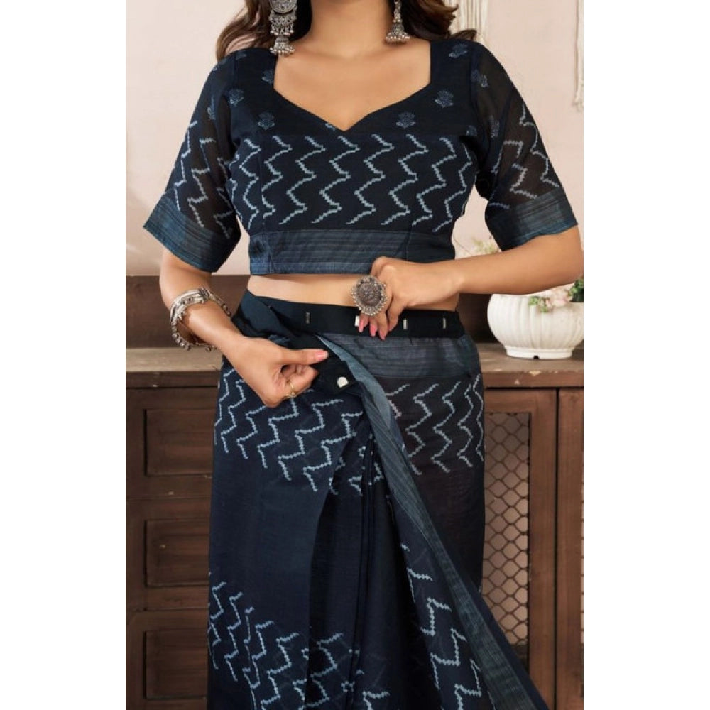 Amfyn Women's Faux Linen Geometric Print Ready to wear Saree With Unstitched Blouse 5.5Mtr (Black)