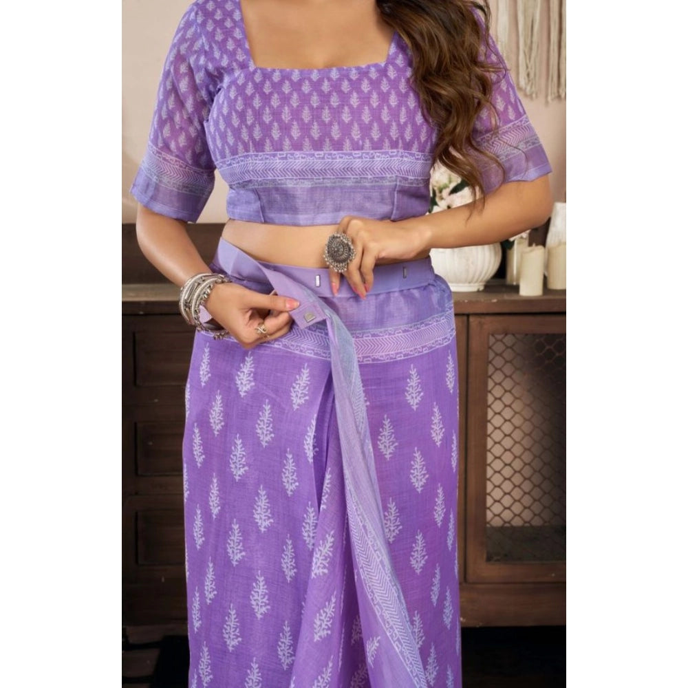 Amfyn Women's Faux Linen Floral Ready to wear Saree With Unstitched Blouse 5.5Mtr (Lavender)