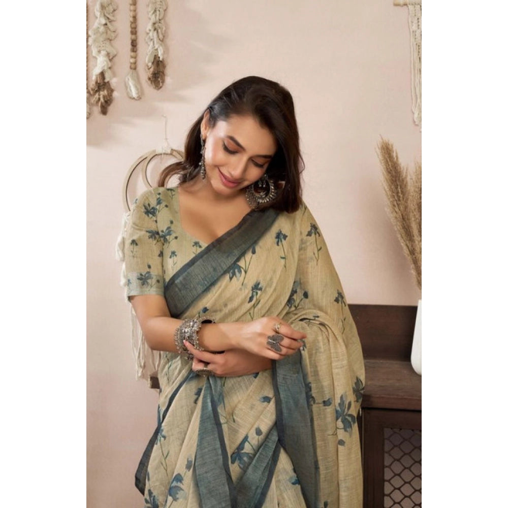 Amfyn Women's Faux Linen Floral Print Ready to wear Saree With Unstitched Blouse 5.5Mtr (LightBeige)