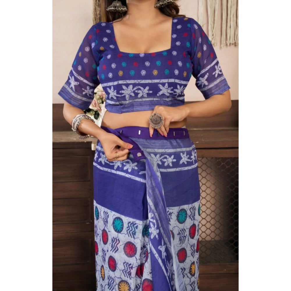 Amfyn Women's Faux Linen Geometric Print Ready to wear Saree With Unstitched Blouse 5.5Mtr (Blue)