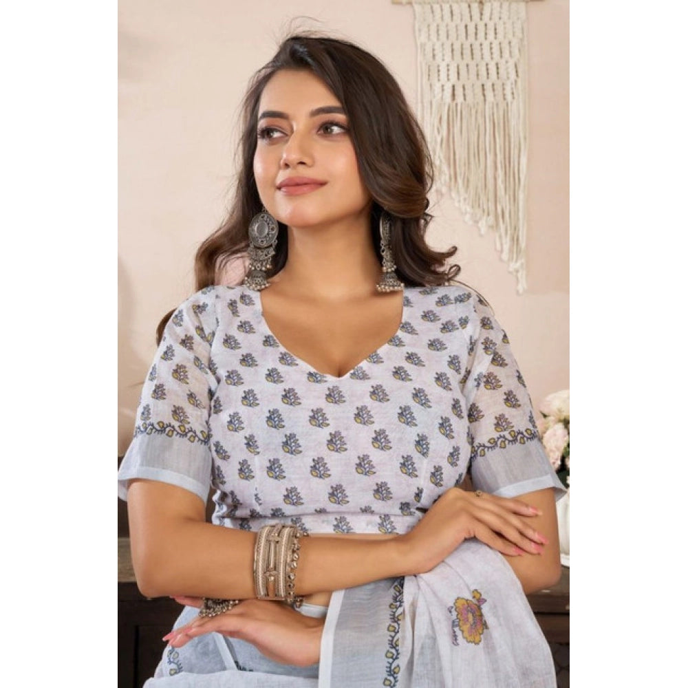 Amfyn Women's Faux Linen Floral Print Ready to wear Saree With Unstitched Blouse 5.5Mtr (Off_White)