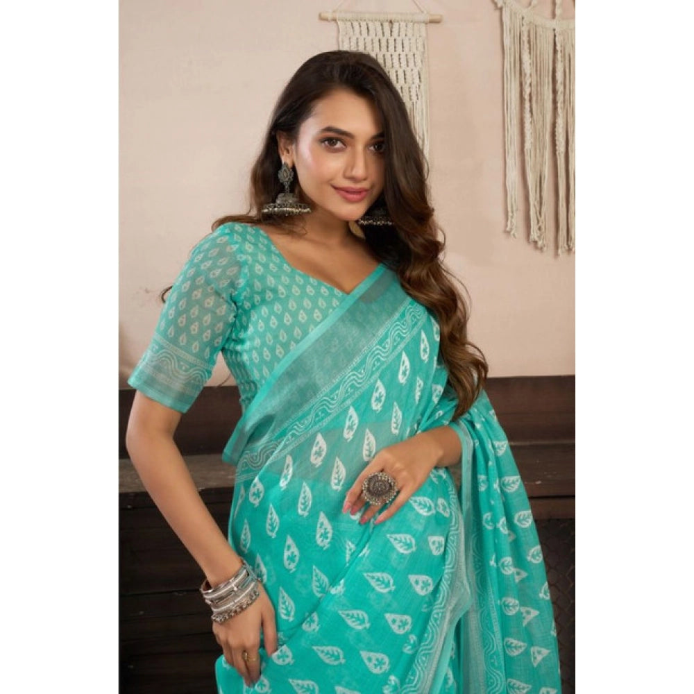 Amfyn Women's Faux Linen Leaf Print Ready to wear Saree With Unstitched Blouse 5.5Mtr (SeaGreen)