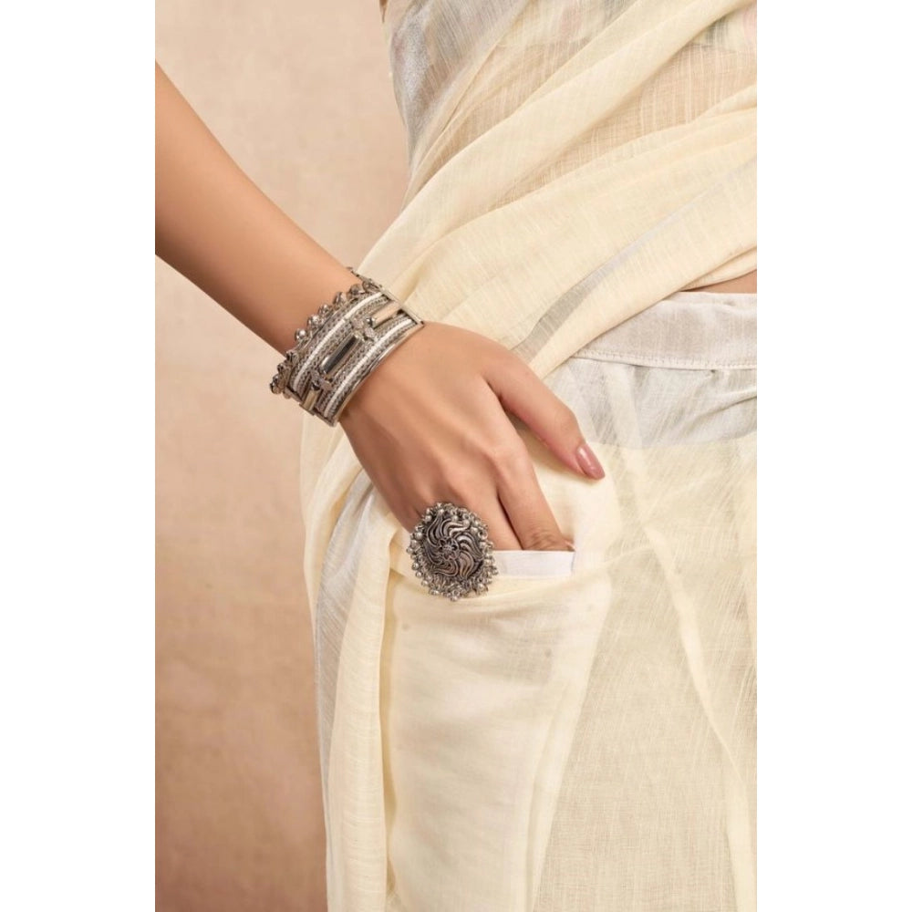 Amfyn Women's Faux Linen Floral Print Ready to wear Saree With Unstitched Blouse 5.5Mtr (Cream)