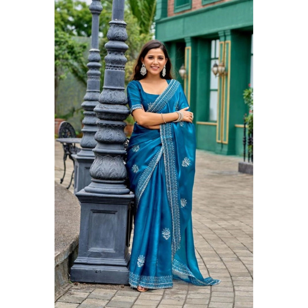 Amfyn Women's Faux Shimmer Motif Ready to wear Saree With Unstitched Blouse 5.5Mtr (Blue)
