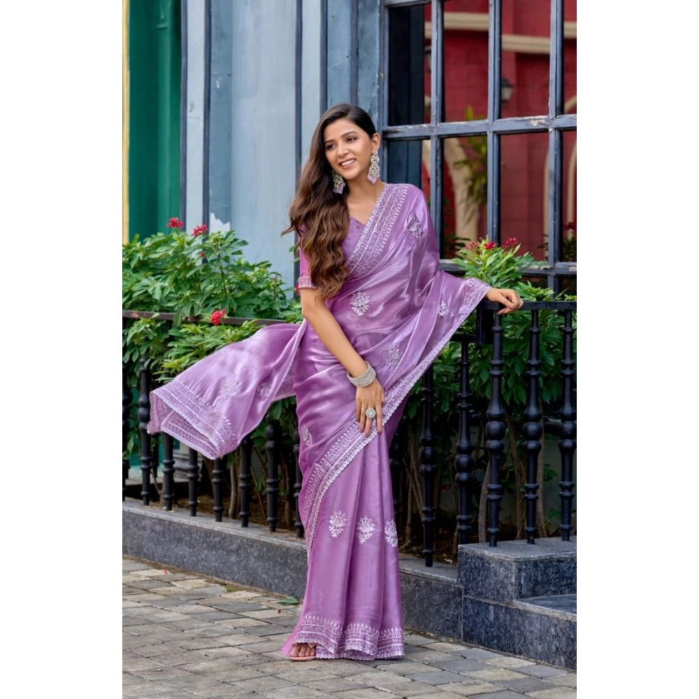 Amfyn Women's Faux Shimmer Floral Ready to wear Saree With Unstitched Blouse 5.5Mtr (Lavender)