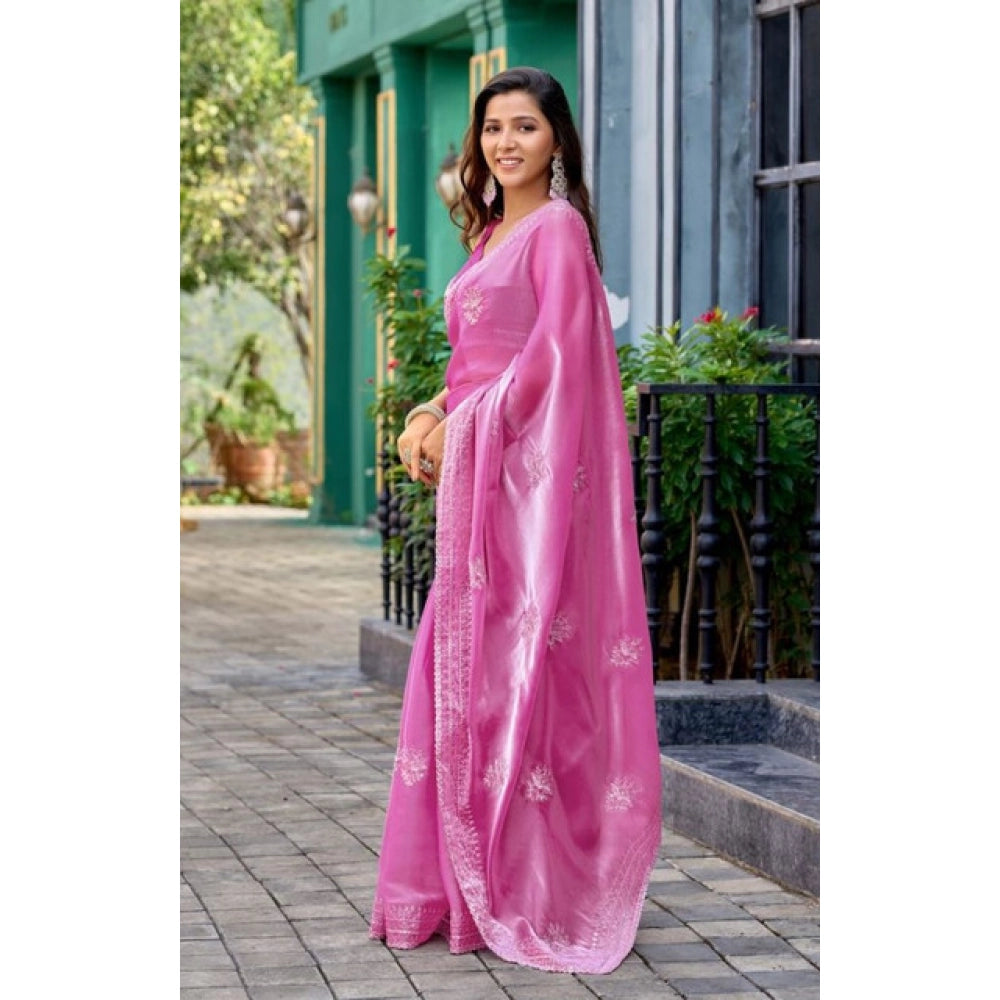 Amfyn Women's Faux Shimmer Floral Embroidery Ready to wear Saree With Unstitched Blouse 5.5Mtr (LightPink)