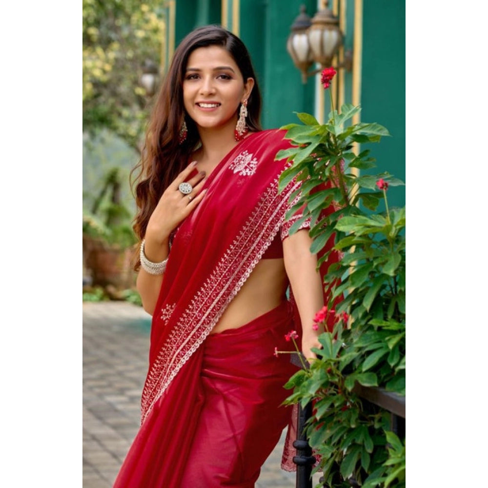 Amfyn Women's Faux Shimmer Floral Embroidery Ready to wear Saree With Unstitched Blouse 5.5Mtr (Red)