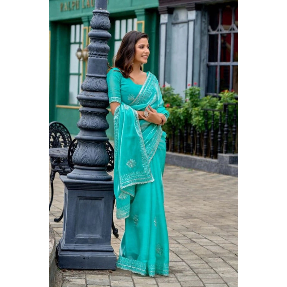 Amfyn Women's Faux Shimmer Floral Embroidery Ready to wear Saree With Unstitched Blouse 5.5Mtr (Turquoise)