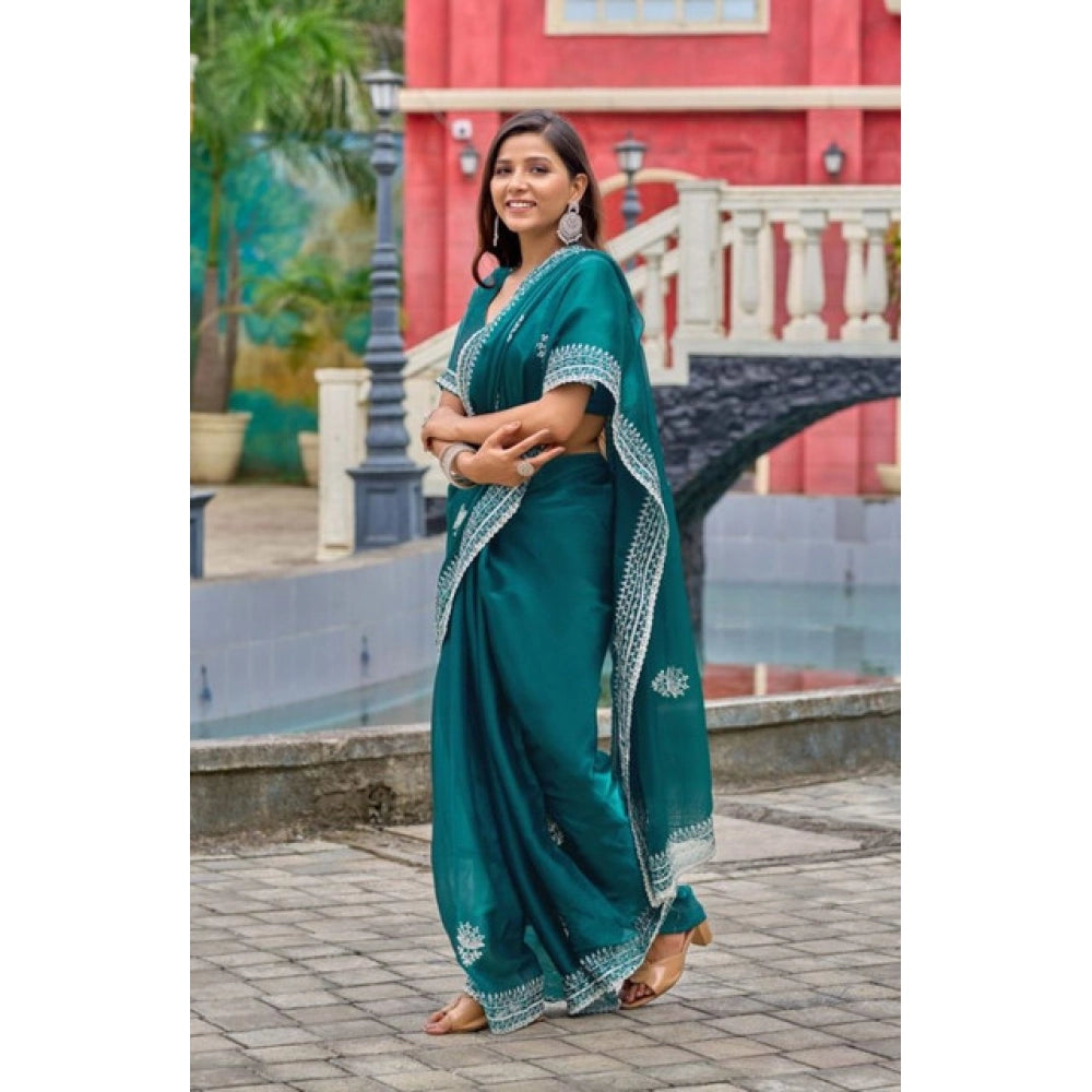 Amfyn Women's Faux Shimmer Floral Embroidery Ready to wear Saree With Unstitched Blouse 5.5Mtr (Teal)