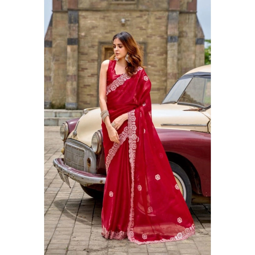 Amfyn Women's Faux Shimmer Geometric Ready to wear Saree With Unstitched Blouse 5.5Mtr (Red)