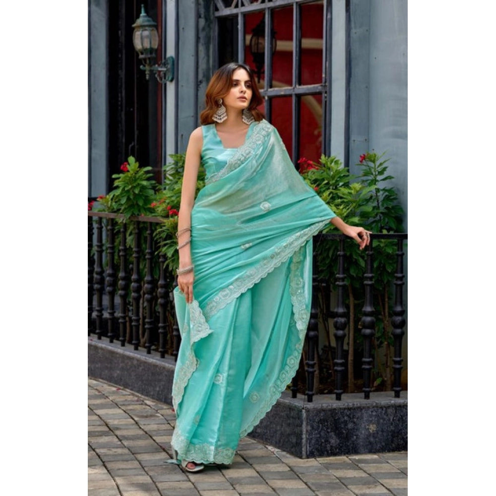 Amfyn Women's Faux Shimmer Geometric Ready to wear Saree With Unstitched Blouse 5.5Mtr (Light_AquaBlue)