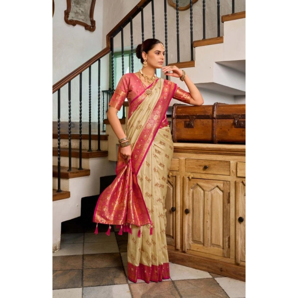 Amfyn Women's Silk Blend Booti Work Ready to wear Saree With Unstitched Blouse 5.5Mtr (LightBeige)