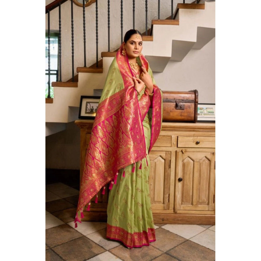 Amfyn Women's Silk Blend Booti Work Ready to wear Saree With Unstitched Blouse 5.5Mtr (Green)