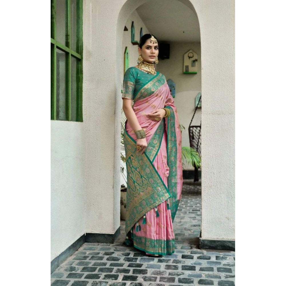 Amfyn Women's Silk Blend Booti Work Ready to wear Saree With Unstitched Blouse 5.5Mtr (Peach)