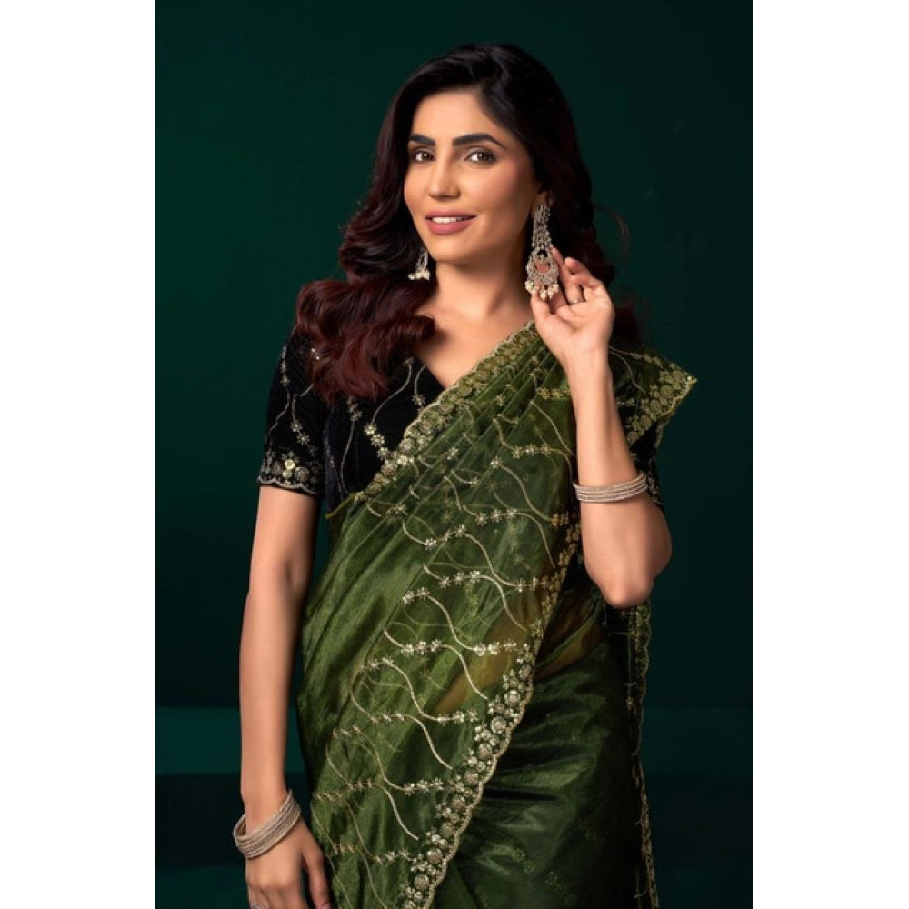Amfyn Women's Net Sequence Saree With Unstitched Blouse 5.5Mtr (Light Green)